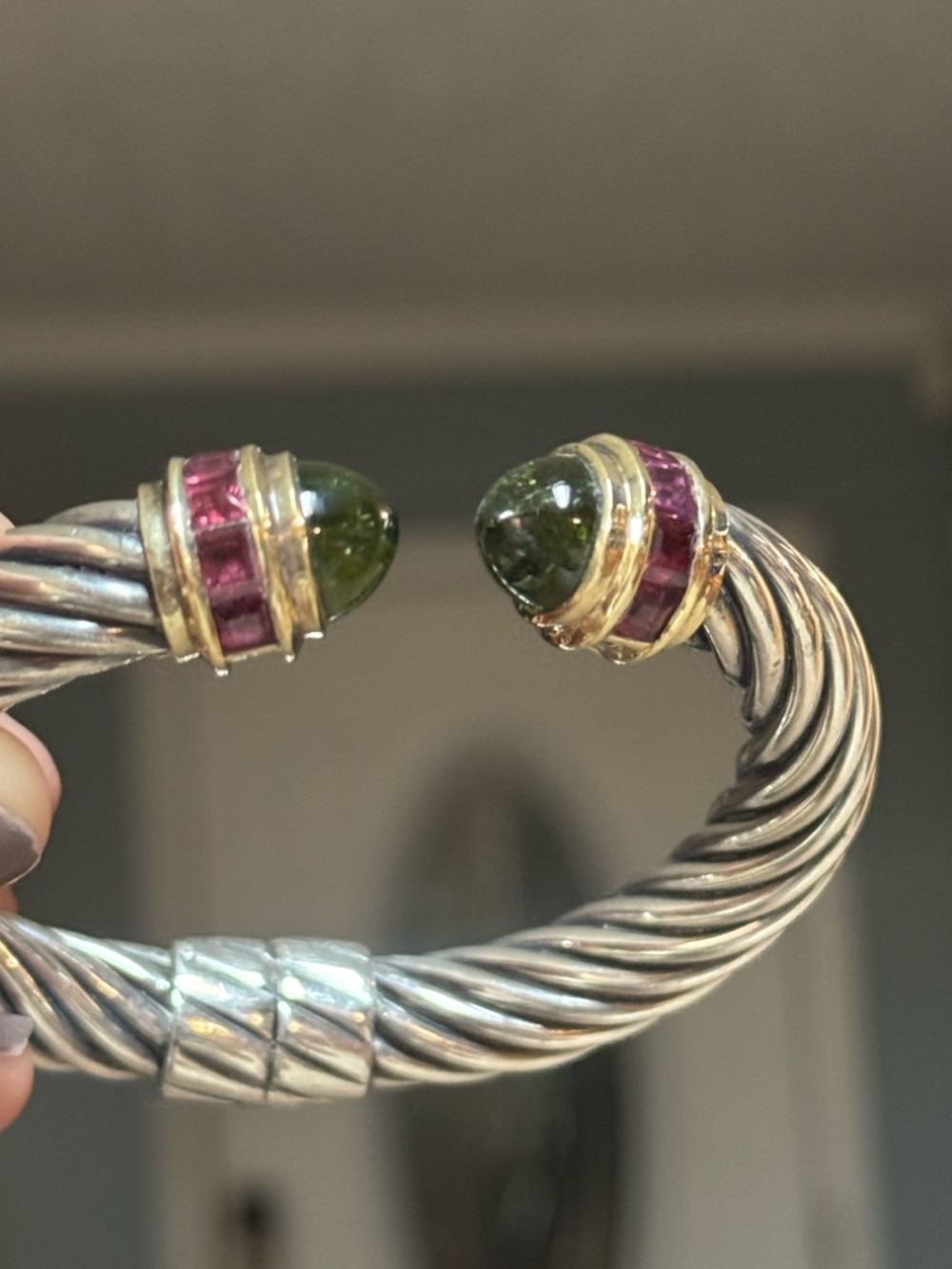 David Yurman 14k Silver Renaissance Green cabochon Pink tourmaline bracelet
